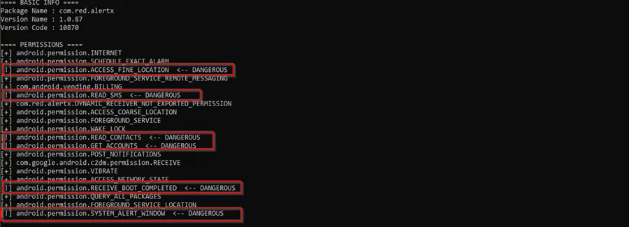 
Security-sensitive permissions identified in the AndroidManifest.xml through static analysis (Source : TRU).