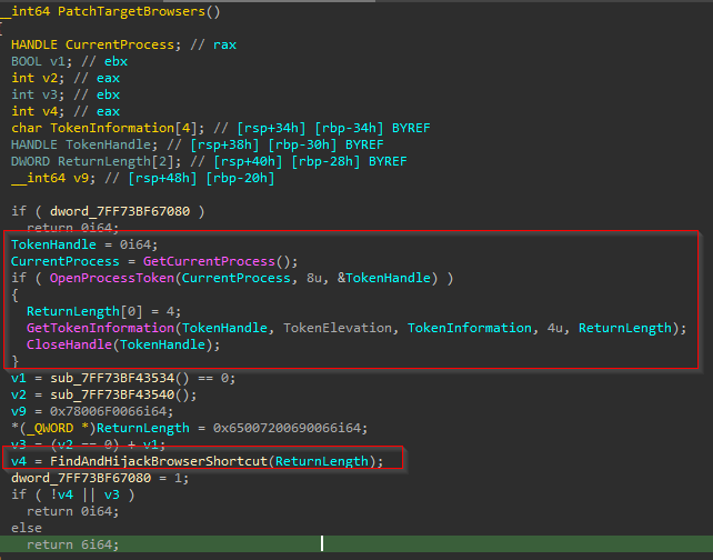 Privilege check and browser-hijack dispatch