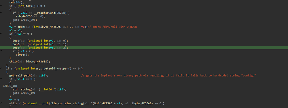 Decompiled logic associated with JITTERLY’s daemonization and process initialization.