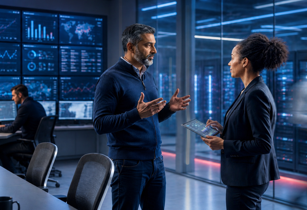 Business IT team collaborating in an office