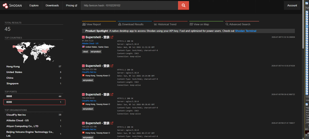 Shodan results of SuperShell servers