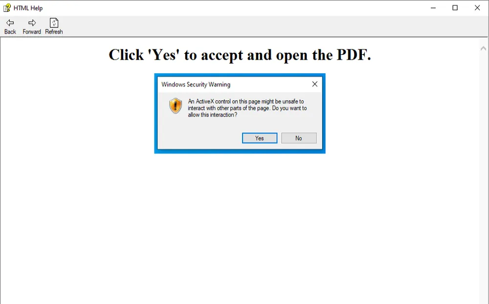Malicious pop-up interface within the CHM file (Source : Acronis ).