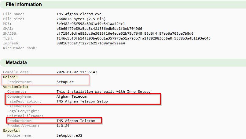 Afghan Telecom–themed installer metadata