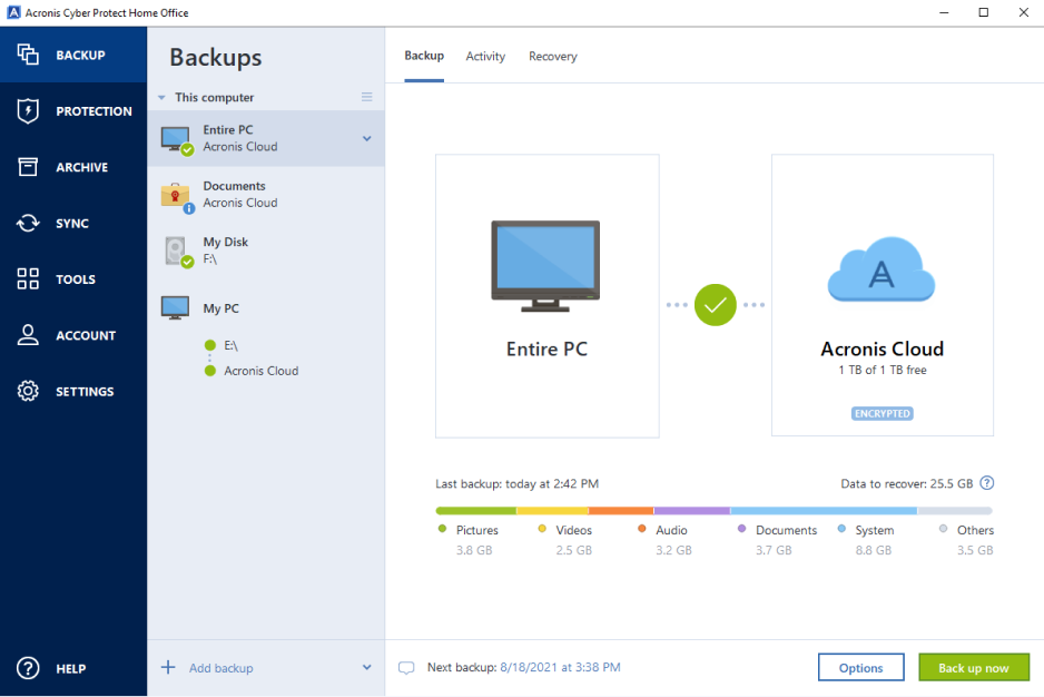 Schermata di backup dei file