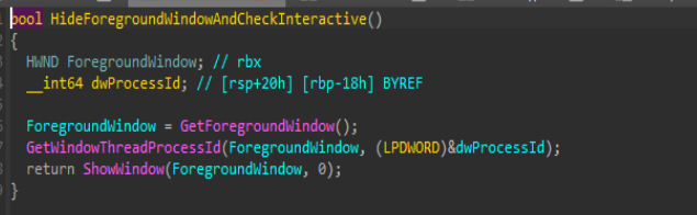 Figure 10: HideForegroundWindowAndCheckInteractive function inside the loader