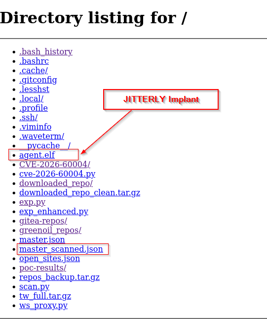 Exposed directory listing containing the JITTERLY implant and related campaign files.