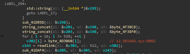 Decompiled logic showing extraction and handling of the embedded C2 configuration.