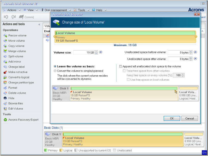 acronis true image partition resize