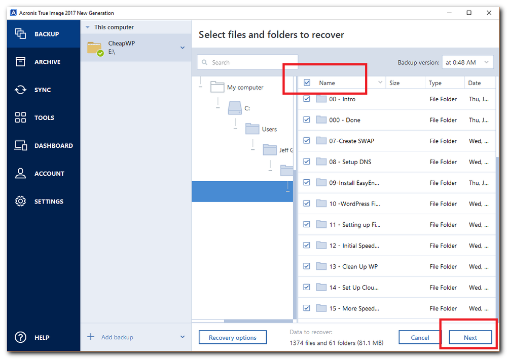 acronis true image restore incremental backup