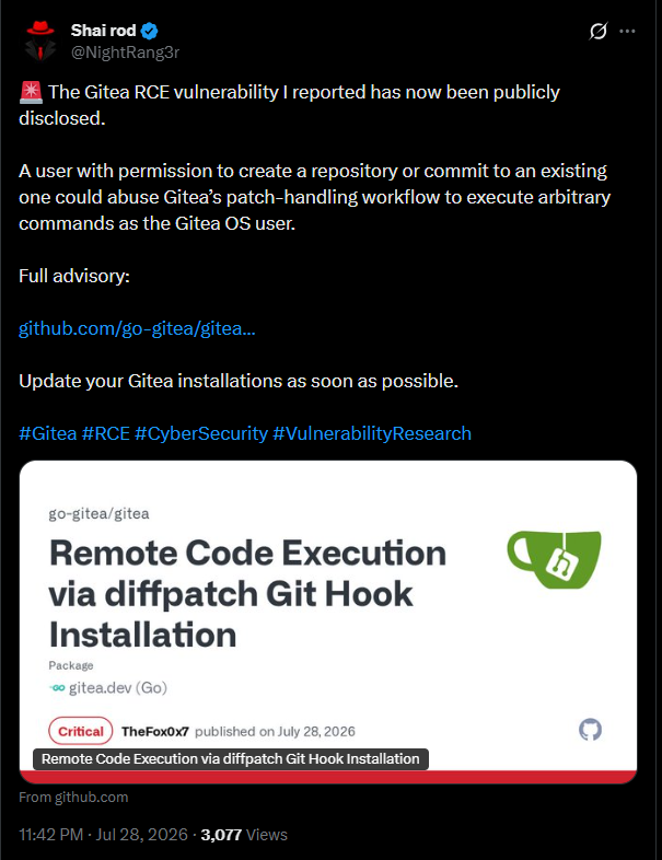 Public disclosure of CVE-2026-60004 and the associated Gitea diffpatch RCE advisory.