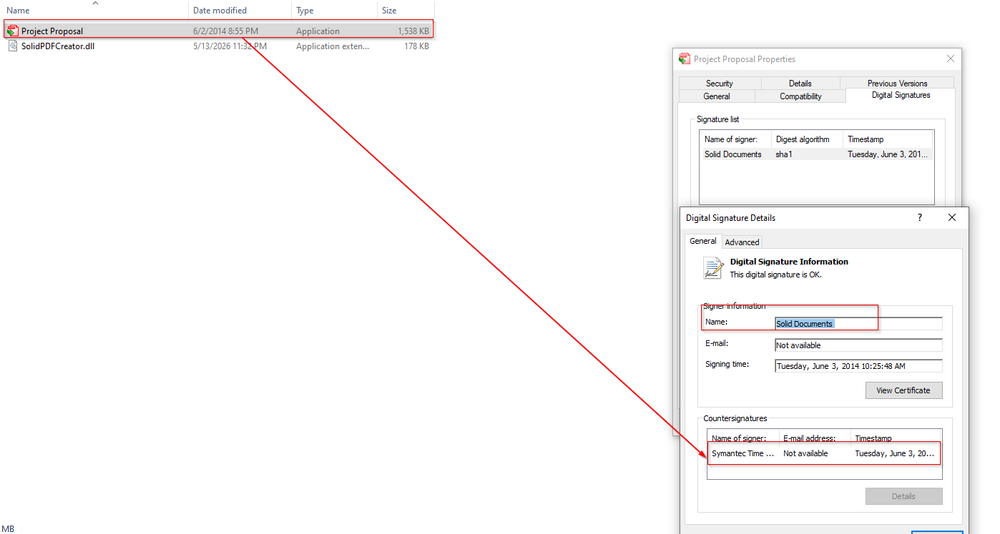 Figure 4: Signature details related to the launcher executable
