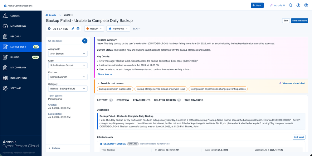Figure 4. Acronis Service Desk console view with ticket summary, enrichment, related alerts, root cause analysis and a recommended action plan.