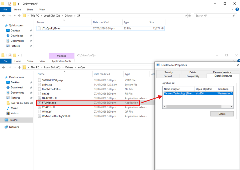 Staging directory, dropped components and signed executable